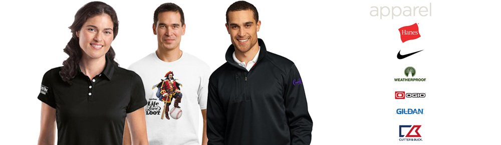 Three models wearing examples of custom-branded apparel: an embroidered polo, a printed t-shirt, and an embroidered quarter-zip pullover.