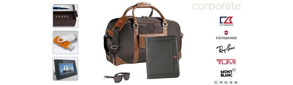 An assortment of custom-branded corporate gifts: a pen set, USB drive, photo frame, leather duffel bag, portfolio, and sunglasses.