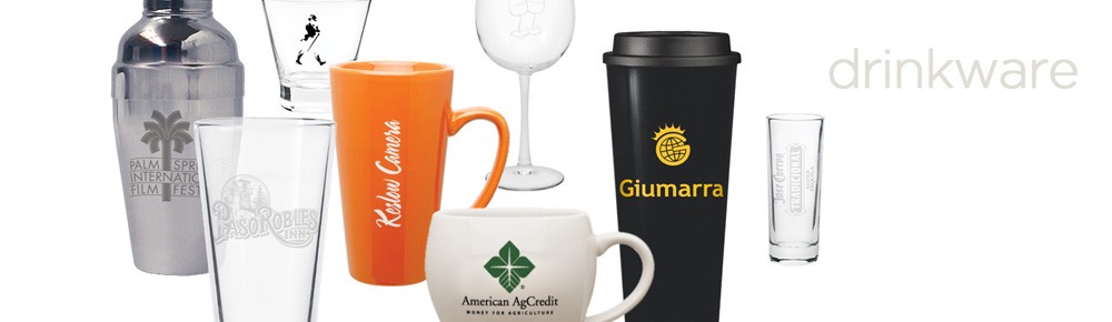 An assortment of custom-branded drinkware: a cocktail shaker, pint glasses, wine and martini glasses, ceramic mugs, an insulated tumbler, and a shot glass, each printed with company logos.