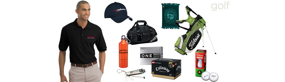 An assortment of custom-branded golf merchandise: an embroidered polo, cap, water bottle, duffel bag, towel, golf balls, and a stand bag.